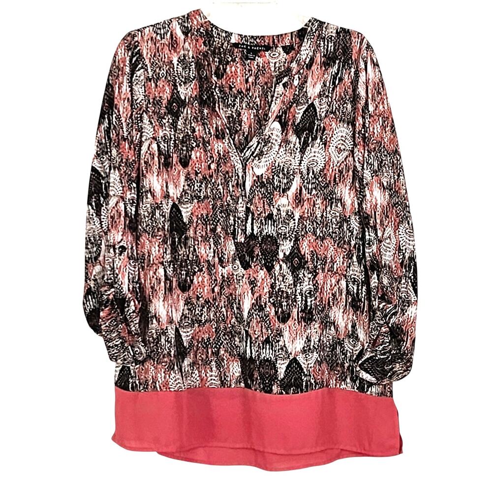 Zac & Rachel Popover Top Blouse Roll Tab Slv Split Neckline Sz L EUC